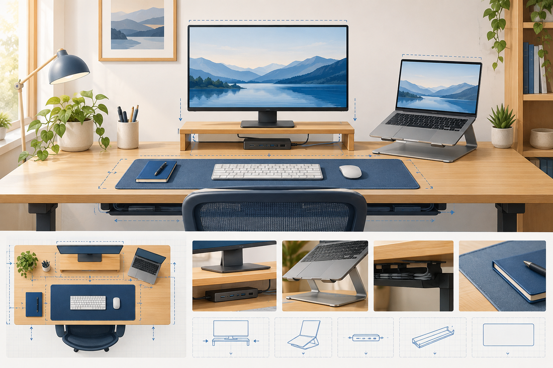 Research-style illustration of a tidy desk with a monitor, laptop stand, USB hub, cable tray, and desk mat