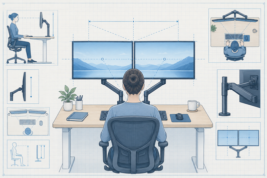 Research-style illustration of two aligned monitors on a desk with viewing-distance guides
