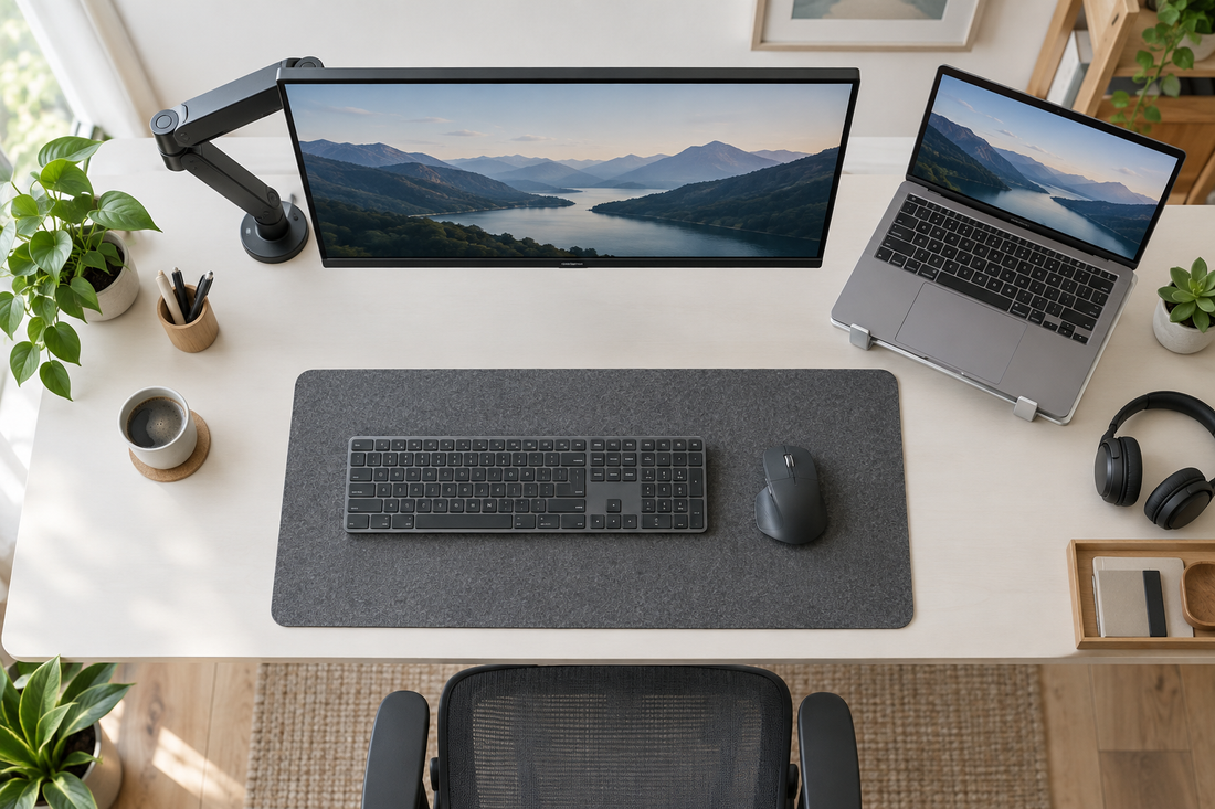 Flat lay of a monitor arm, laptop stand, keyboard and mouse arranged for an ergonomic home office