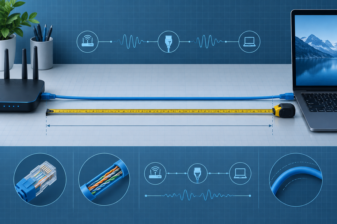 Research-style technical illustration of measuring an Ethernet cable run between a router and computer