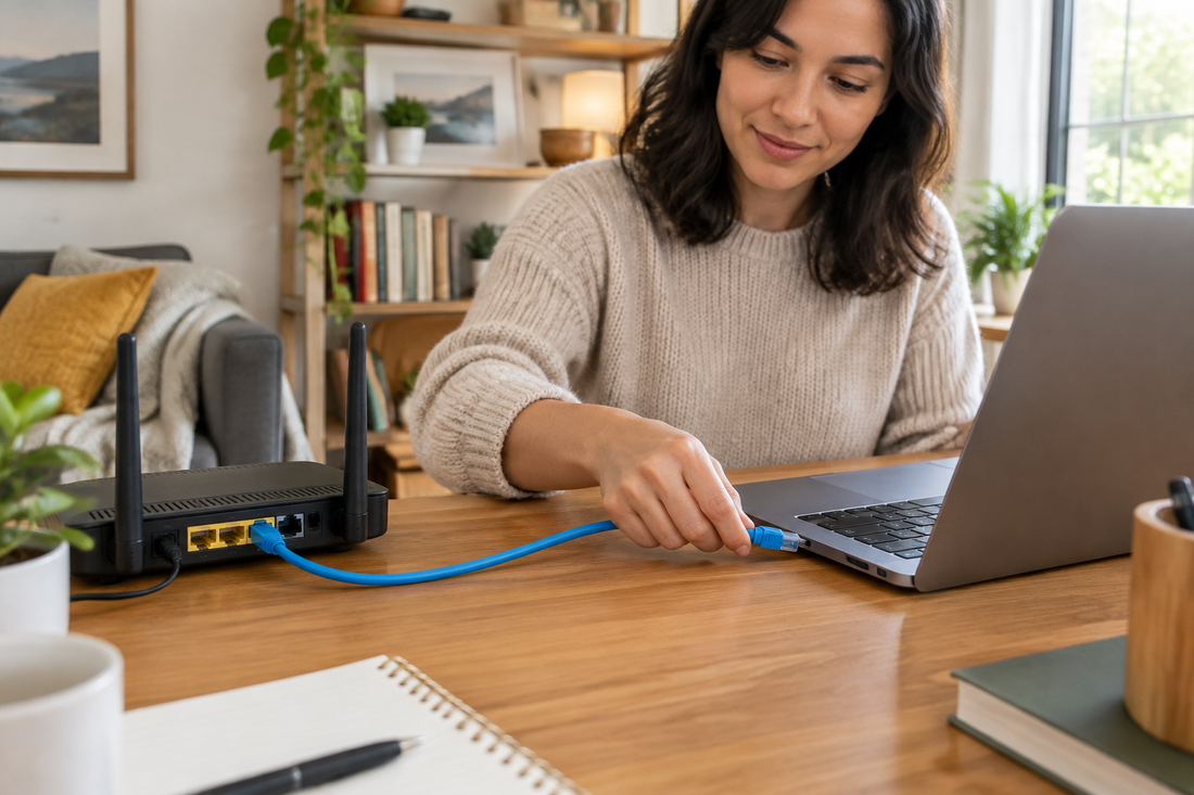 A person connects an Ethernet cable from a home router to a laptop on a tidy desk
