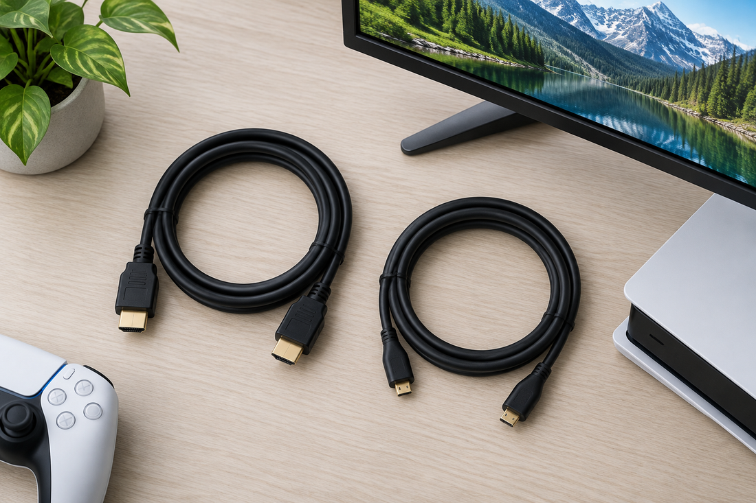Flat lay of HDMI cables beside a display and game console for a cable buying guide