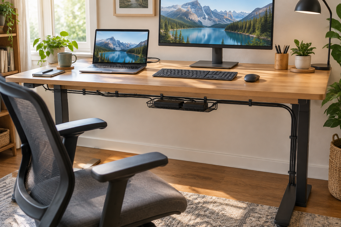 A tidy home office desk with cables routed neatly under the desk