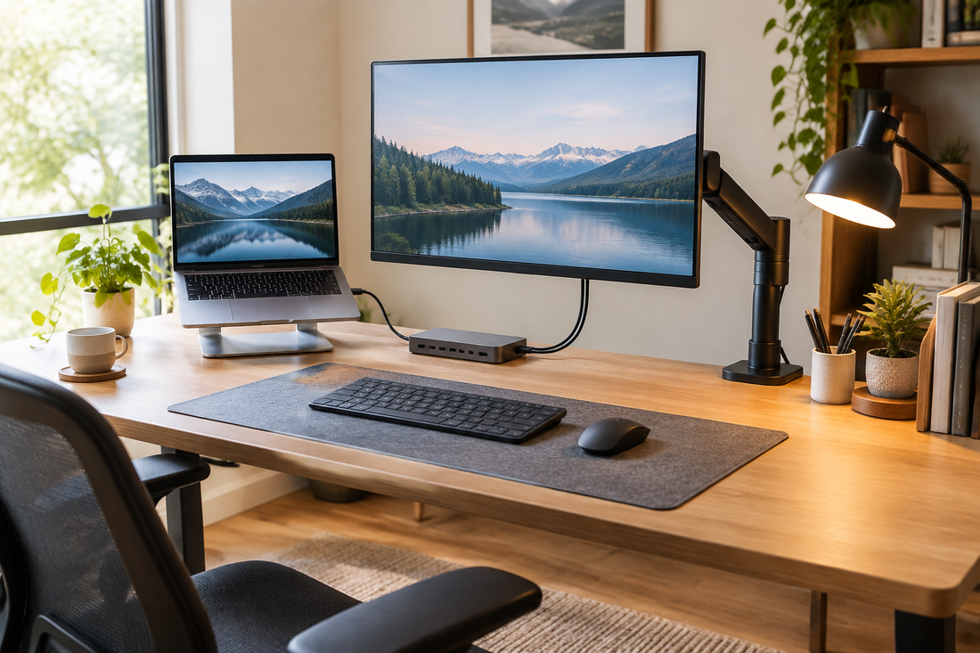 Tidy home office desk with a monitor arm, laptop stand, USB-C hub, keyboard, mouse, and cable management