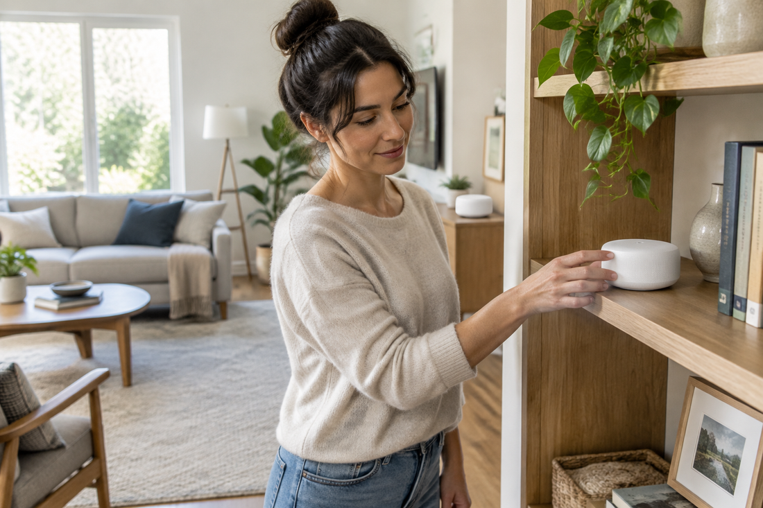 A person places a mesh Wi-Fi node on an open shelf in a bright home