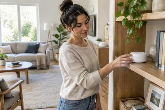 A person places a mesh Wi-Fi node on an open shelf in a bright home