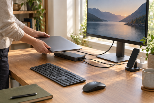 A laptop connected to a monitor and desk accessories through a docking station
