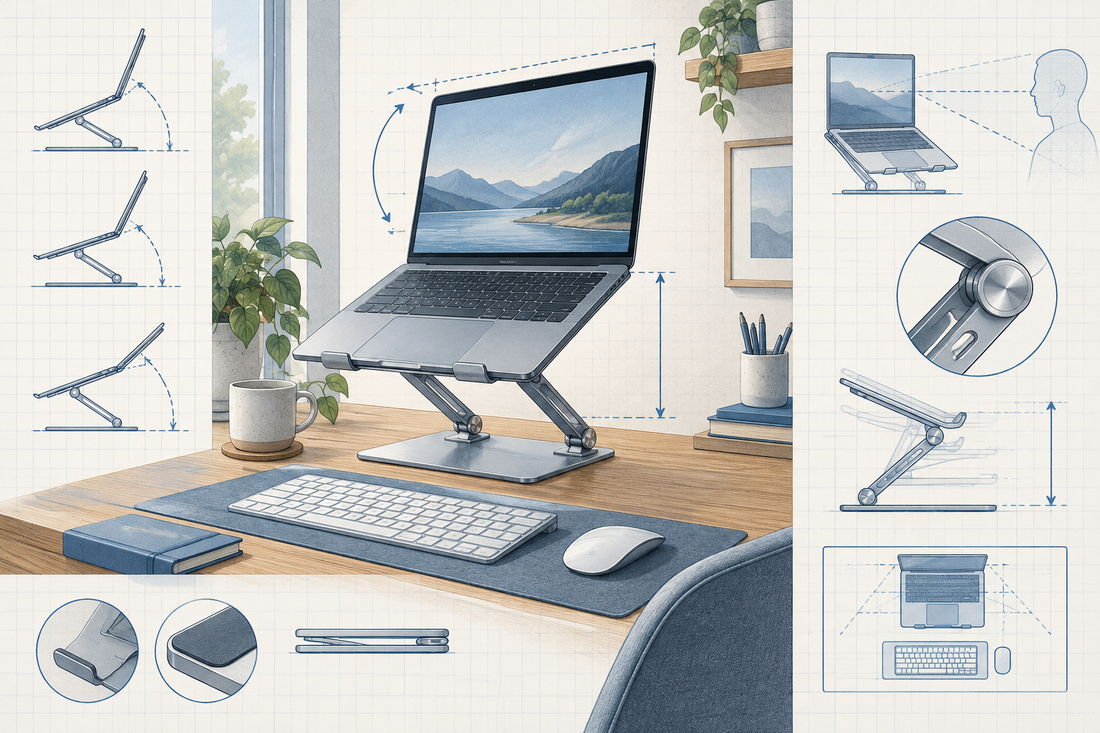 Research-style illustration of a laptop on an adjustable stand with height and angle guides