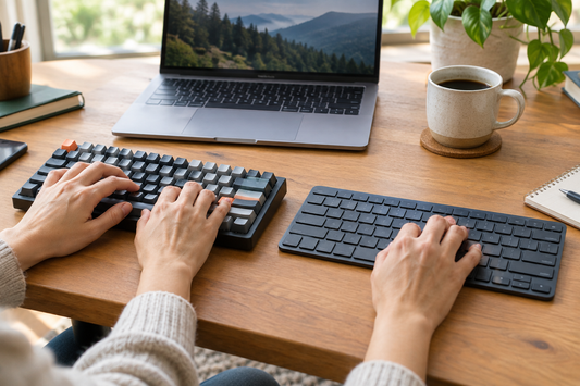 A person compares a mechanical keyboard and an office keyboard at a home desk