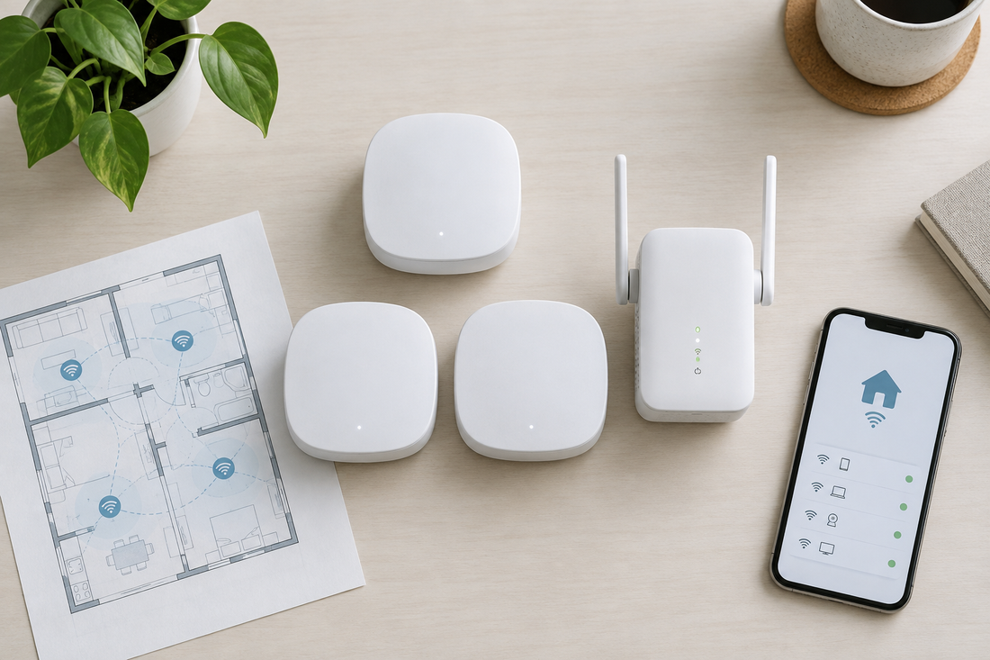 Flat lay of mesh Wi-Fi nodes and a Wi-Fi range extender beside a home network floor plan