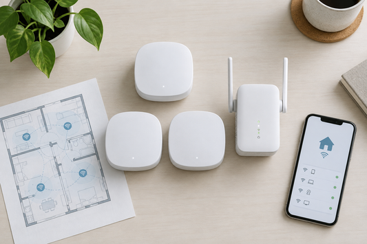 Flat lay of mesh Wi-Fi nodes and a Wi-Fi range extender beside a home network floor plan
