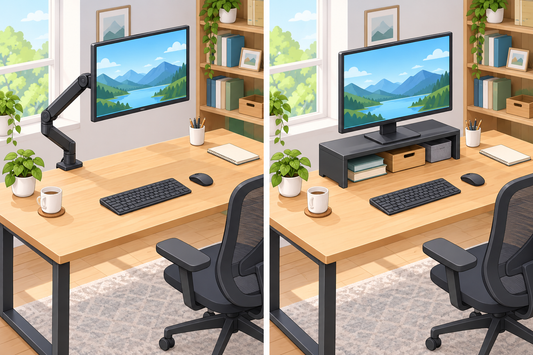 Cartoon comparison of a monitor mounted on an adjustable arm and on a desktop stand