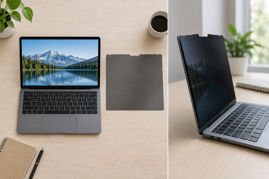 Flat lay showing a monitor privacy filter and display viewed from front and side angles