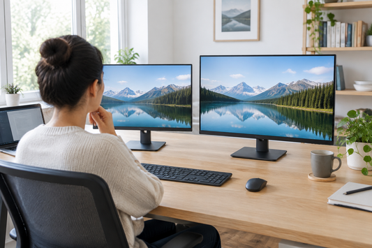Person comparing 24-inch and 27-inch monitors at a bright home office desk