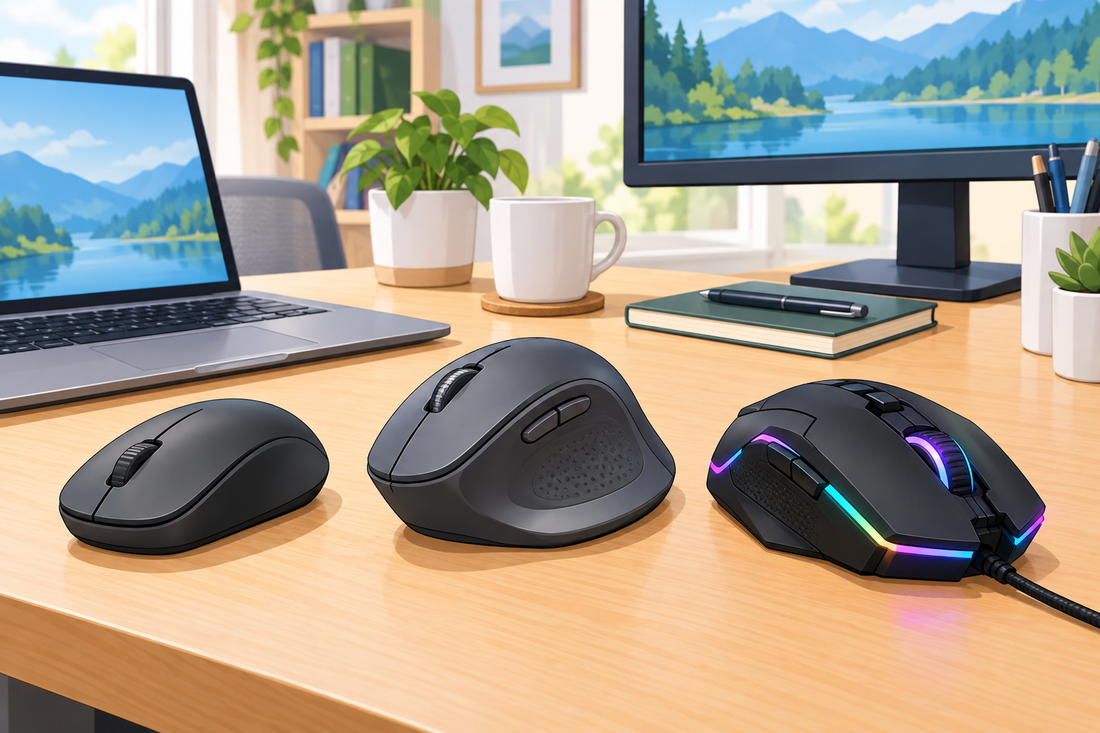 Cartoon illustration comparing office and gaming computer mice on a home desk