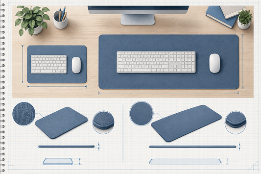 Research-inspired illustration comparing a compact mouse pad with a large desk mat on an office desk