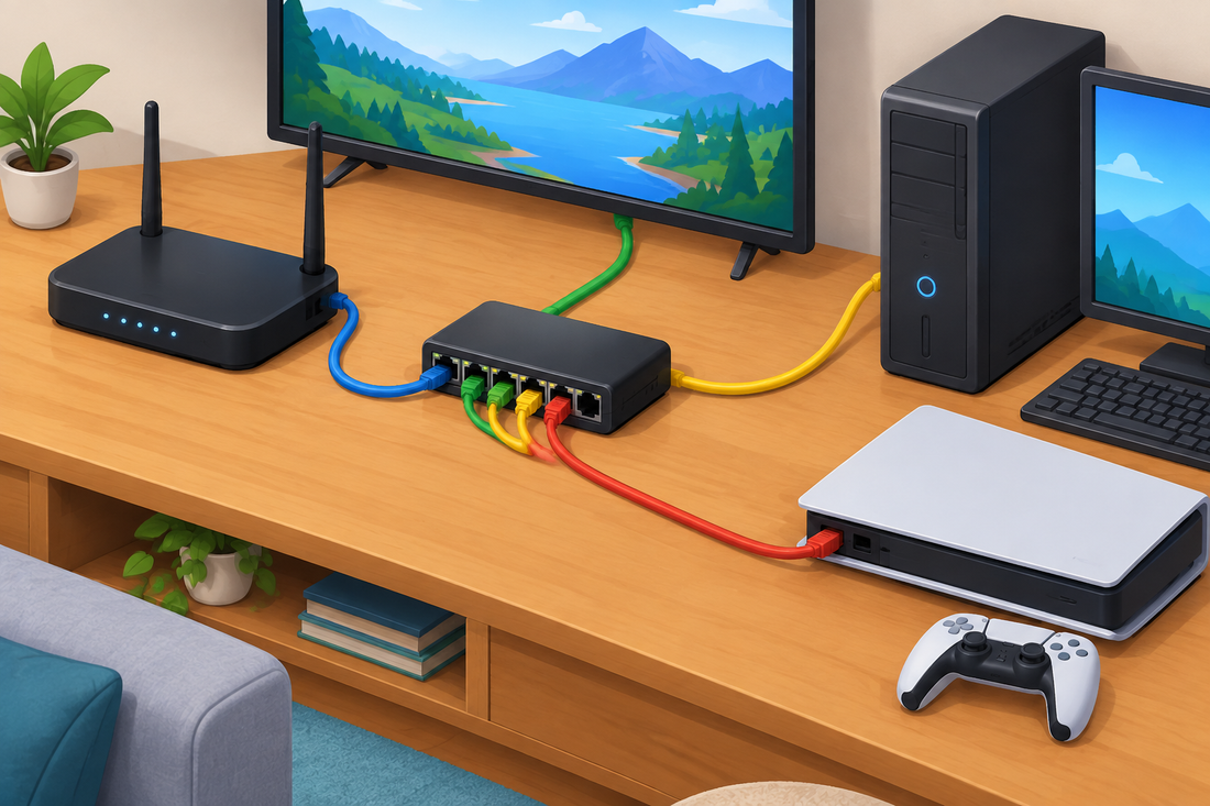Cartoon illustration of a network switch connecting a router to wired home devices