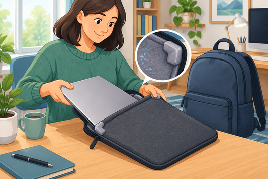 Cartoon illustration of a laptop being placed into a padded sleeve beside a backpack