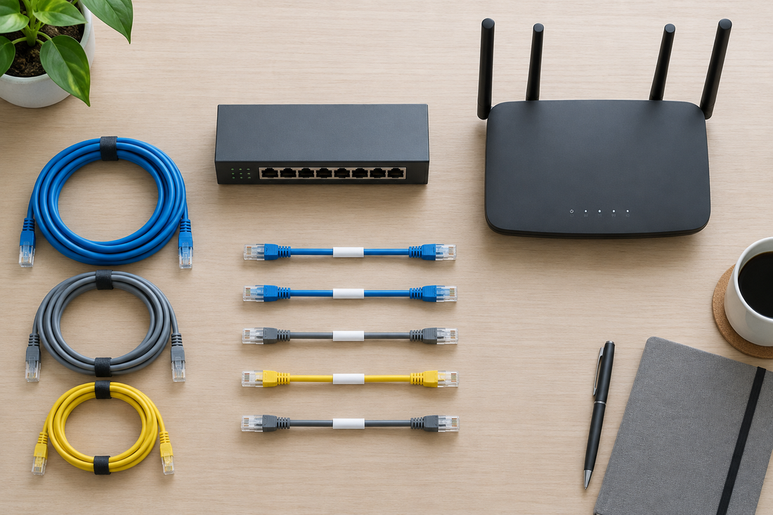 Flat lay of Ethernet cables, a router, and network switch arranged for a home wired network setup