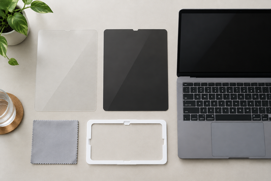 Flat lay comparing a clear tempered glass screen protector and a dark privacy filter beside a laptop screen