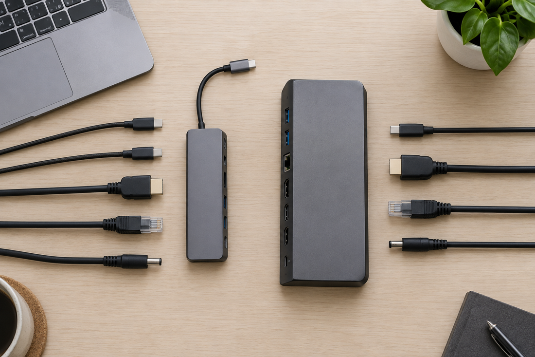 Flat lay comparison of a compact USB-C hub and a larger laptop docking station with cables