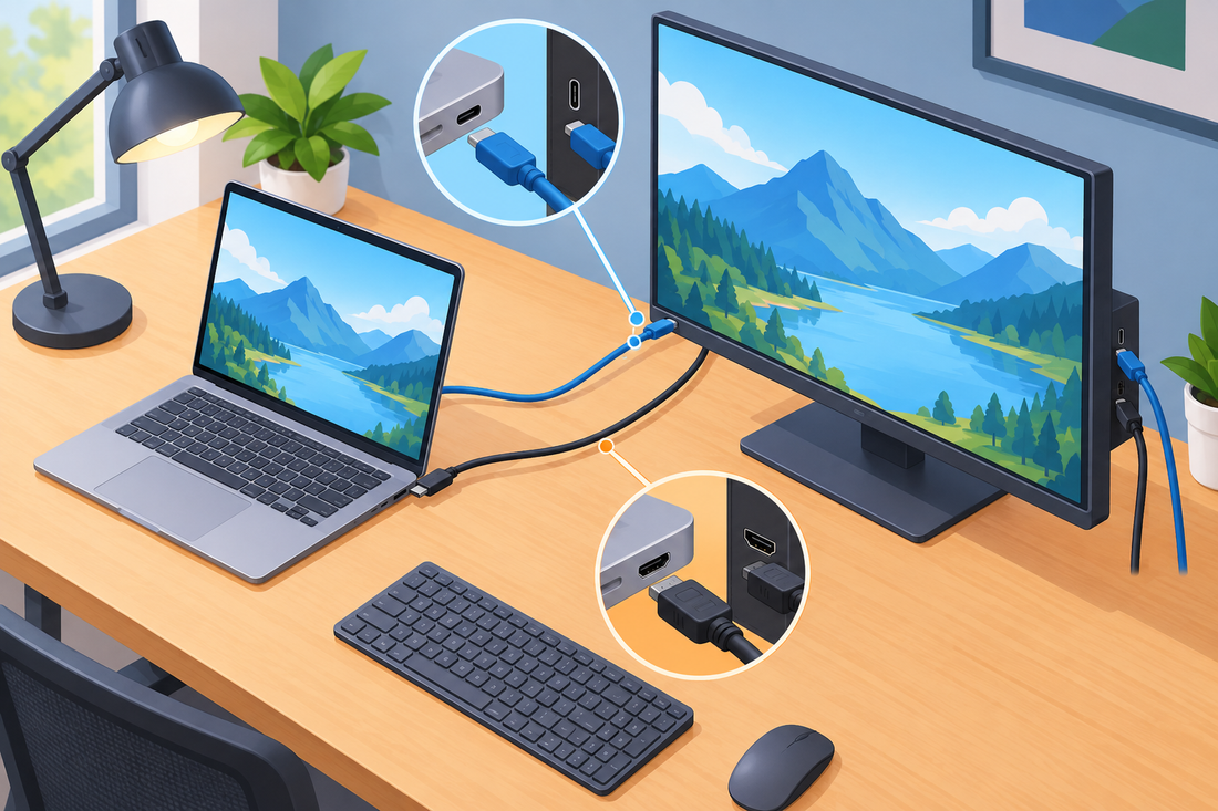 Cartoon illustration comparing USB-C and HDMI connections between a laptop and monitor