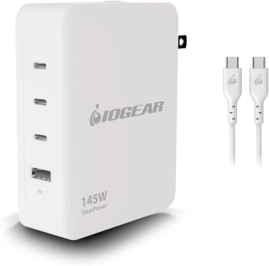IOGEAR GearPower 145W Multiport Charger, 4 Port, USB-C Cable, iPhone 16 by IOGEAR