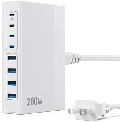 200W USB C Charger Block, 8-in-1 GaN USB C Charger Fast Charging Station Hub by FOCHEW