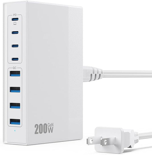 200W USB C Charger Block, 8-in-1 GaN USB C Charger Fast Charging Station Hub by FOCHEW
