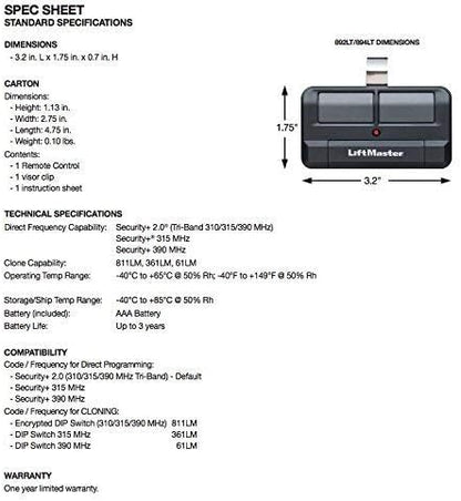 LiftMaster 892LT Two-Button Security+ 2.0 Learning Garage Door Opener Remote - Image 2