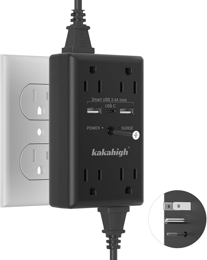 Black Wall Power Strip, 8 Way Outlets by YourBetterchoice