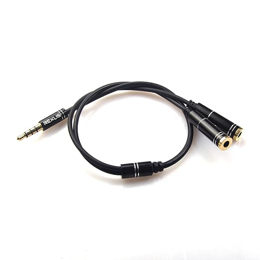 REXUS Black 3.5mm Y Splitter Stereo Audio Cable 4-Pole Male to 2 Female by REXUS