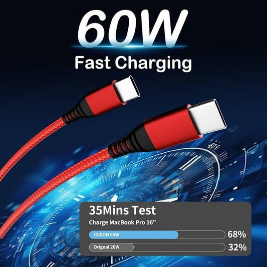 USB C to USB C Cable 60W, Nylon Braided Type-C Charger Cable Fast Charging - Image 2