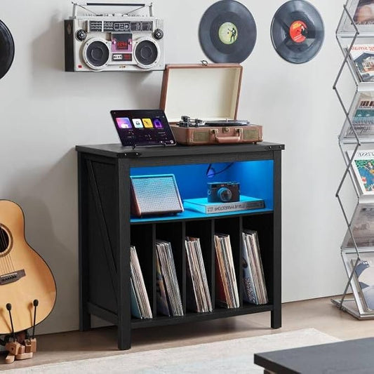 Large Record Player Stand with Charging Station & LED Lights, Vinyl Records - Image 2