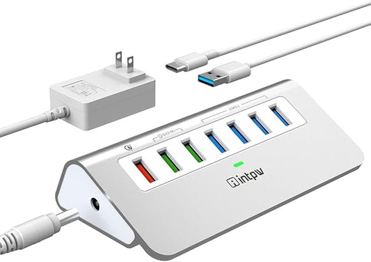 Powered USB Hub 10Gbps, Aluminum 7 Port USB 3.2 Data Hub by intpw