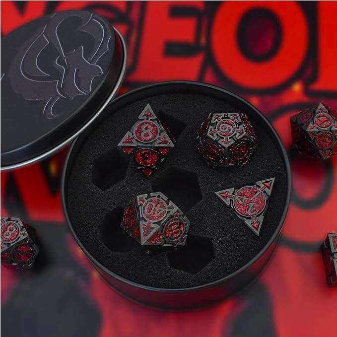 RULE DICE DND Metal Dice Set, 7 die Metal DND Polyhedral Blue Red and Black - Image 3