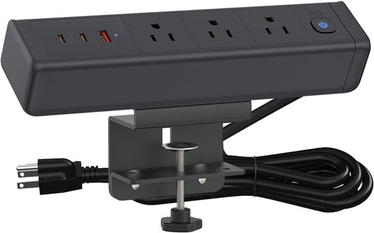 Desk Clamp Power Strip with 65W USB-C&USB A Ports 3 AC Outlet, Nightstand Edge by YYSKA