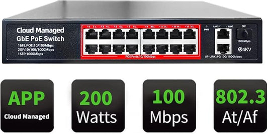 Poe Switch, 16 Port PoE+ Switch, Cloud Managed 10/100Mbps Ethernet Switch by STEAMEMO
