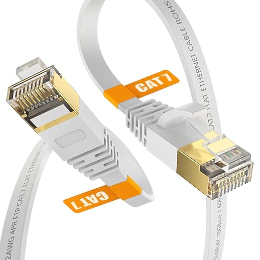 Cat7 15FT Ethernet Cable Flat-White-10Gbps Ultra Slim High Speed Double Shielded by SURPLAY-WinningHighSpeed
