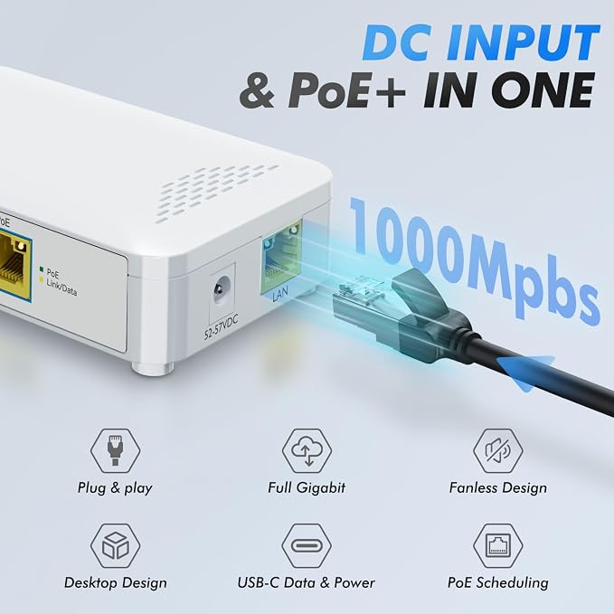 ​PoE to USB C Switch 60W 802.3af/at Compliant, 1 USB-C Port & 1 PoE+ Port & 1 - Image 5