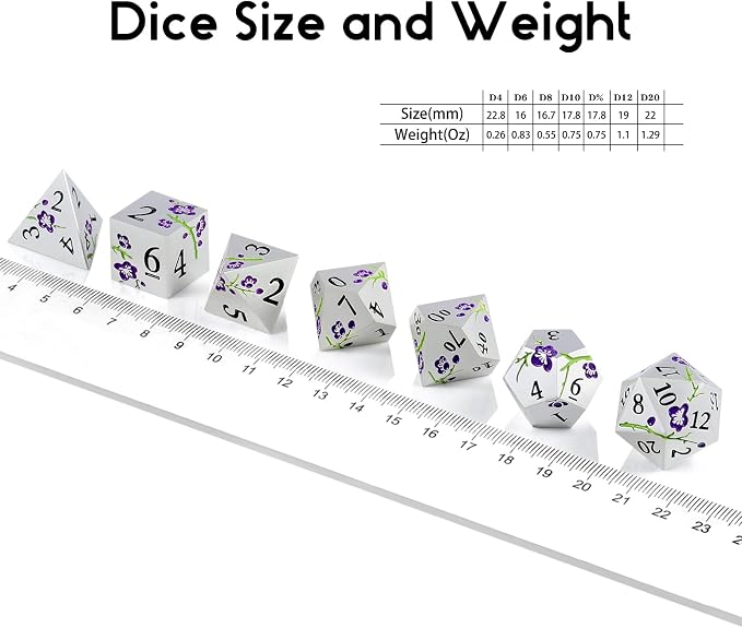 Flower Silver Metal Dice, DNDND 7 PCS Heavy Metallic D&D Dice Set - Image 6