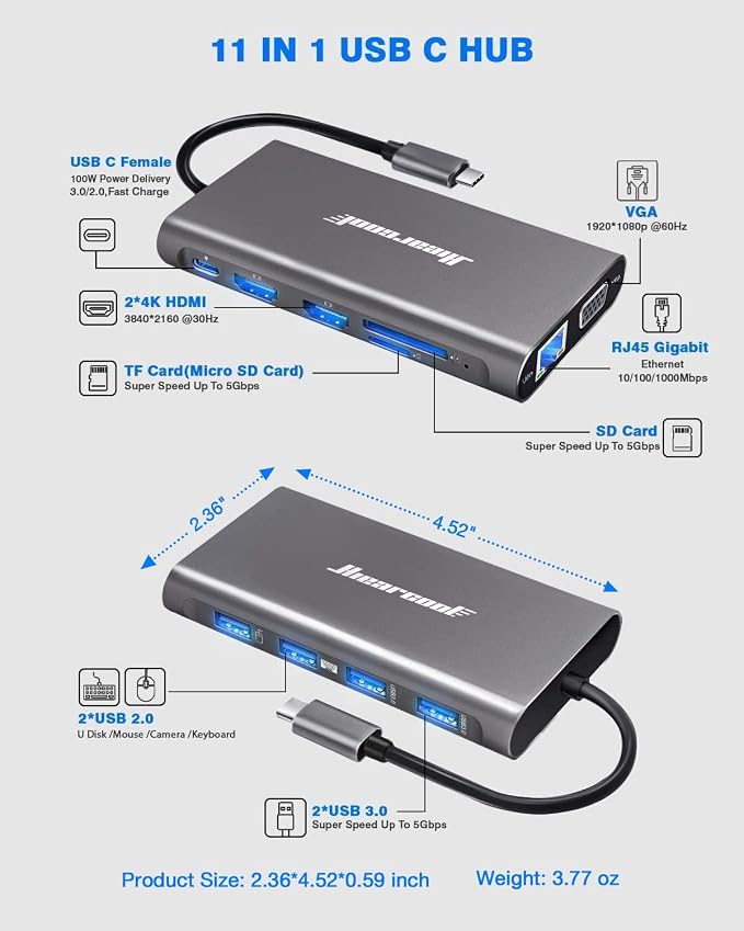 Hiearcool USB C Hub, USB-C Laptop Docking Station, 11IN1 Triple Display Type C - Image 3