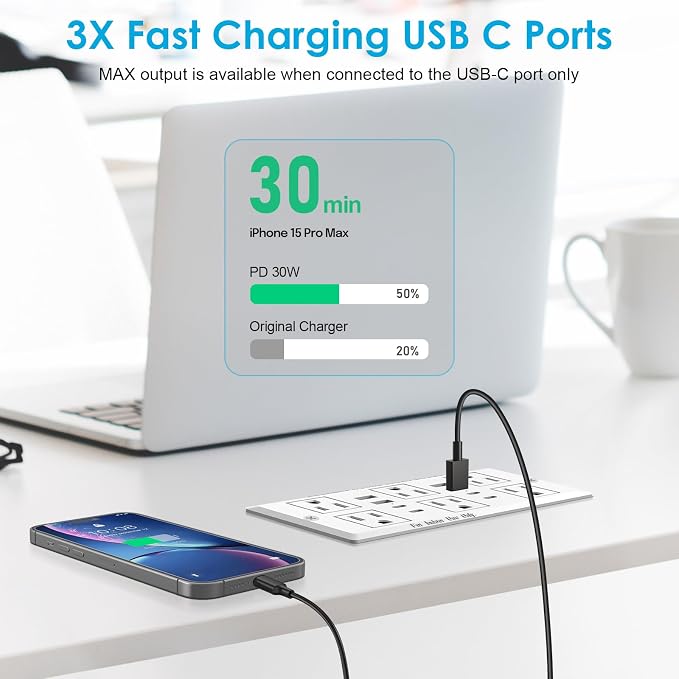 30W Recessed Power Strip USB C, Desk Flush Mount Outlet Plug in 6 AC & 8 USB - Image 4
