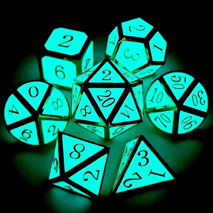 Haxtec Glow in The Dark Glowing Blue Metal Dice Set D&D W/Dragon Dice Bag 7PCS - Image 3