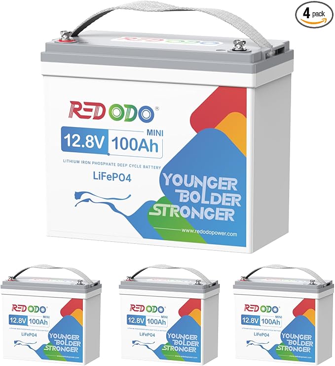 Redodo 4 Pack 12V 100Ah Mini LiFePO4 Lithium Battery, 1280Wh Deep Cycle Battery by PrimeDayRedodoSaveup55