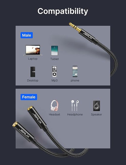 JSAUX Headphone Splitter, Audio Splitter 3.5mm Male TRS to 2 Dual 3.5mm Female - Image 5
