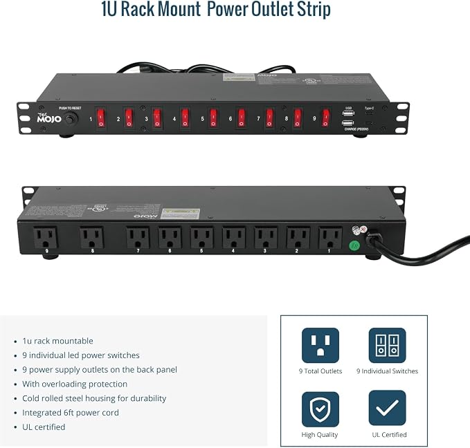 Tecmojo 9-Outlet Rack Mount Power Strip, 1U Horizontal PDU Individual Switch - Image 6