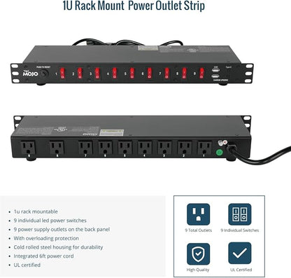 Tecmojo 9-Outlet Rack Mount Power Strip, 1U Horizontal PDU Individual Switch - Image 6