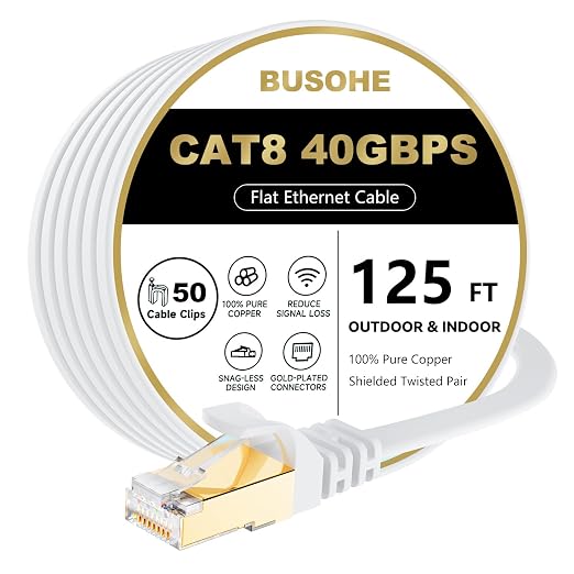 BUSOHE Cat 8 Ethernet Cable 125 FT, 40Gbps 2000Mhz High Speed Flat Cat8 Cable by BUSOHE