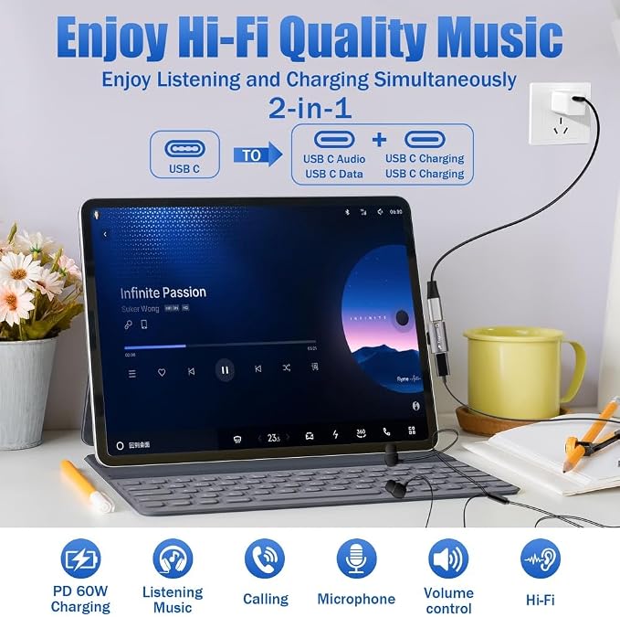 Dual USB C Headphone and Charger Adapter Splitter, 2-in-1 Type C to USB-C Audio - Image 2